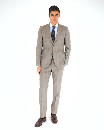Dark Beige Suit Soft Slim Glen Plaid 100% Wool